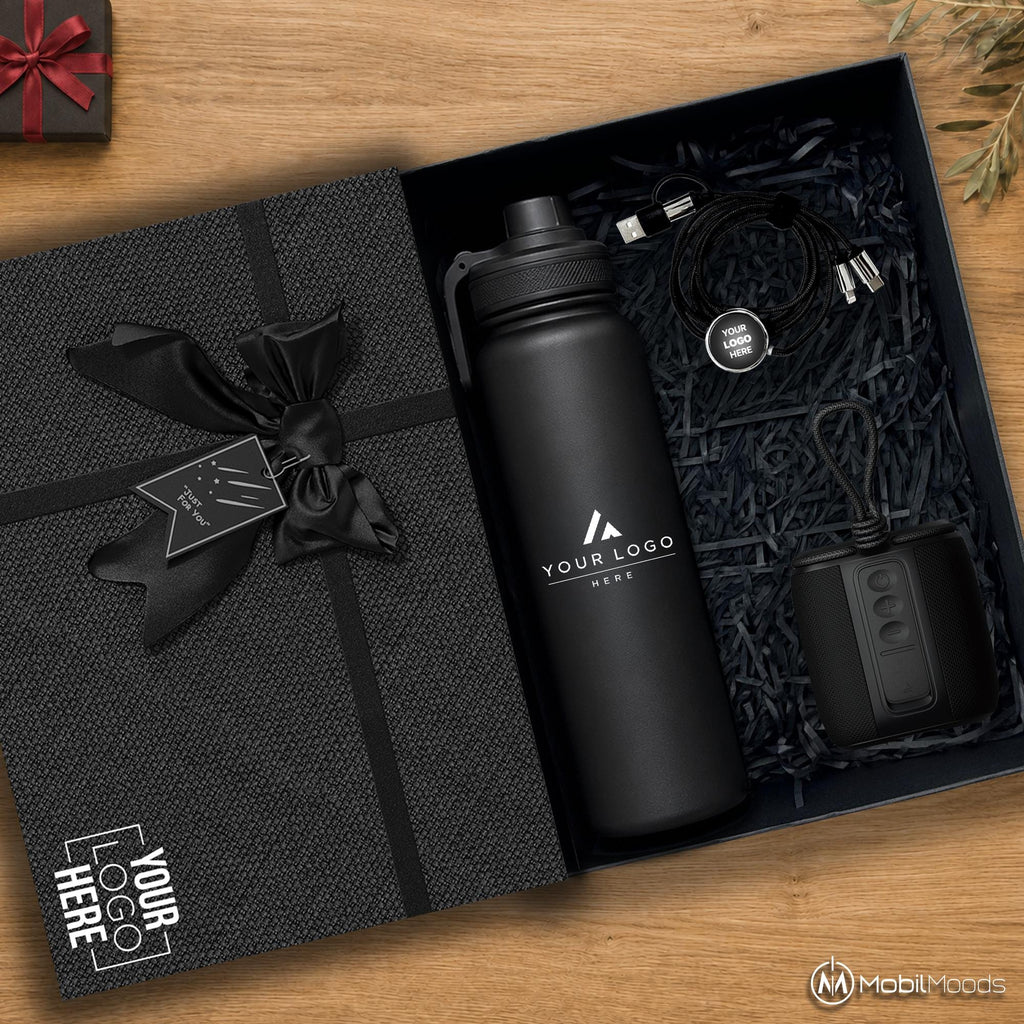 Branded Corporate Gift Box, 24 oz Double Wall Water Bottle, Bluetooth 5.4 Light Up Speaker, Charging Cord, Company Logo Employee Gift Set