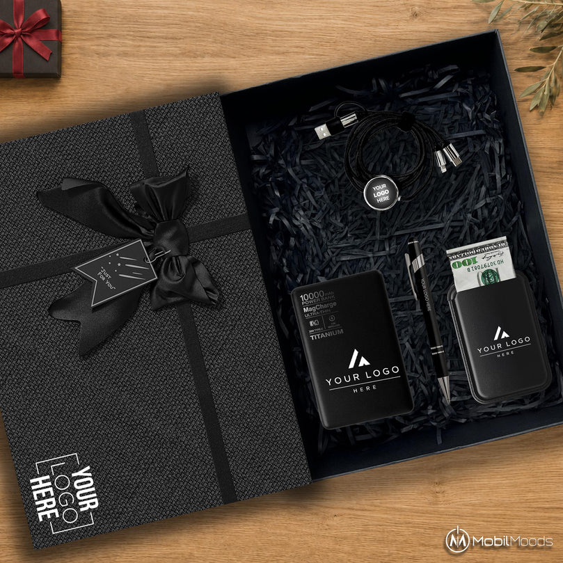 Executive Tech Gift Set, 10000mAh Titanium MagSafe Power Bank, MagSafe Phone Wallet, Custom Light Up Cable, Company Logo Corporate Gift Box