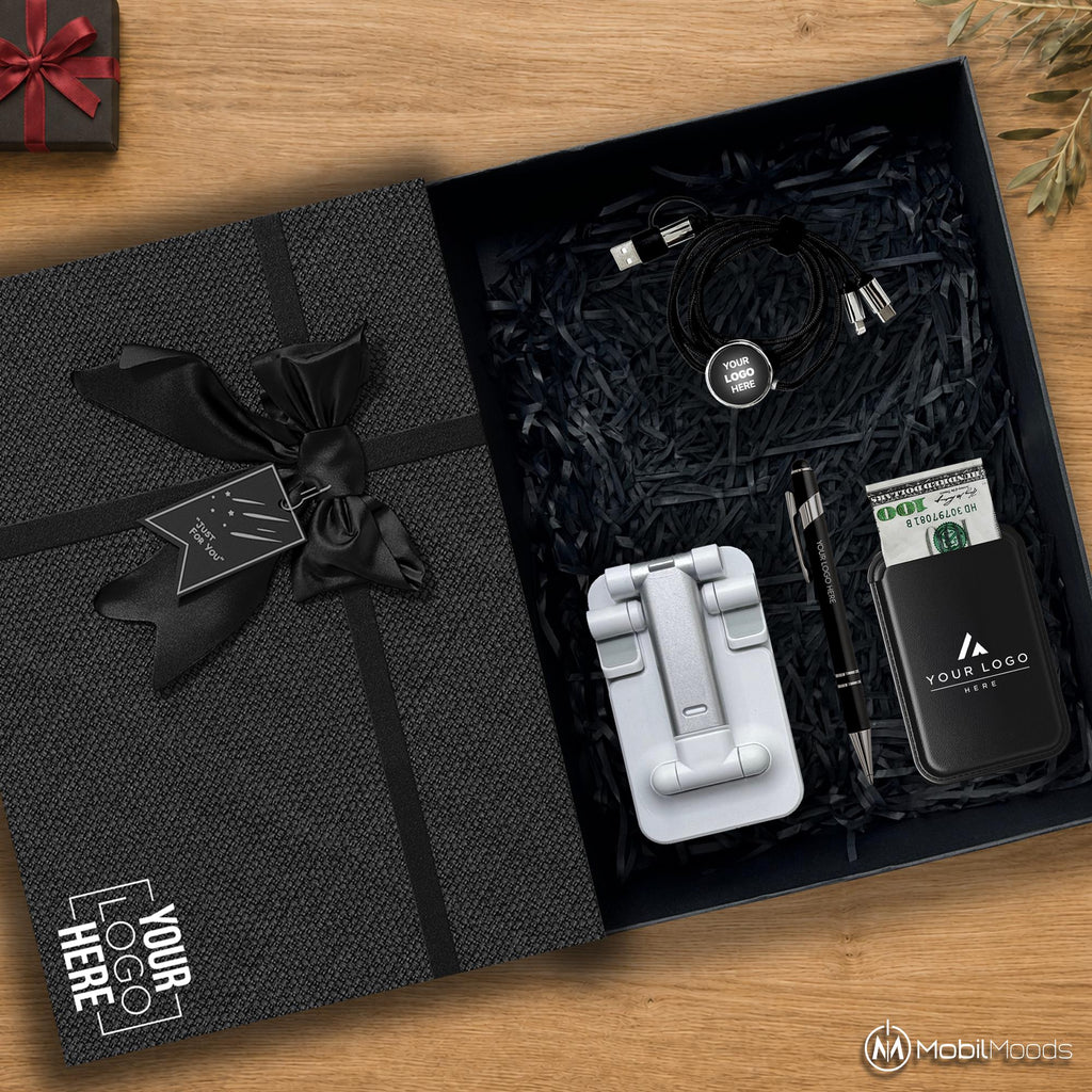 Employee Tech Gift Box, Adjustable Phone Stand, MagSafe Phone Wallet, Stylus Touch Pen, Light Up Cable, Company Logo Corporate Gift Set