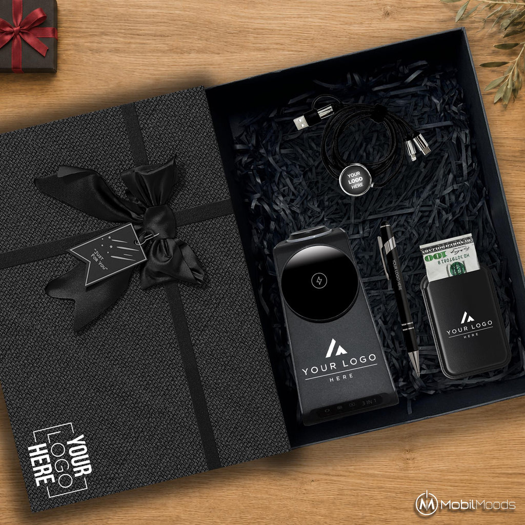 Premium Corporate Gift Set, Custom 3 in 1 MagSafe Wireless Docking Station, MagSafe Phone Wallet, Custom Light Up Charger, Company Gift Box